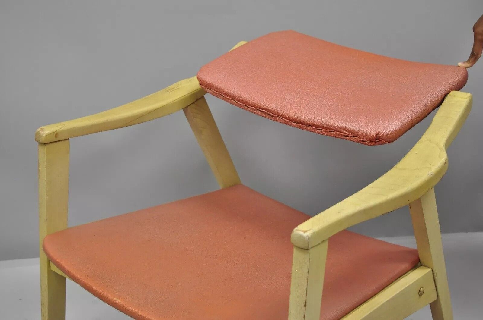 Vintage Mid Century Modern Pink Vinyl Blonde Wood Armchair w/ Pivoting Back