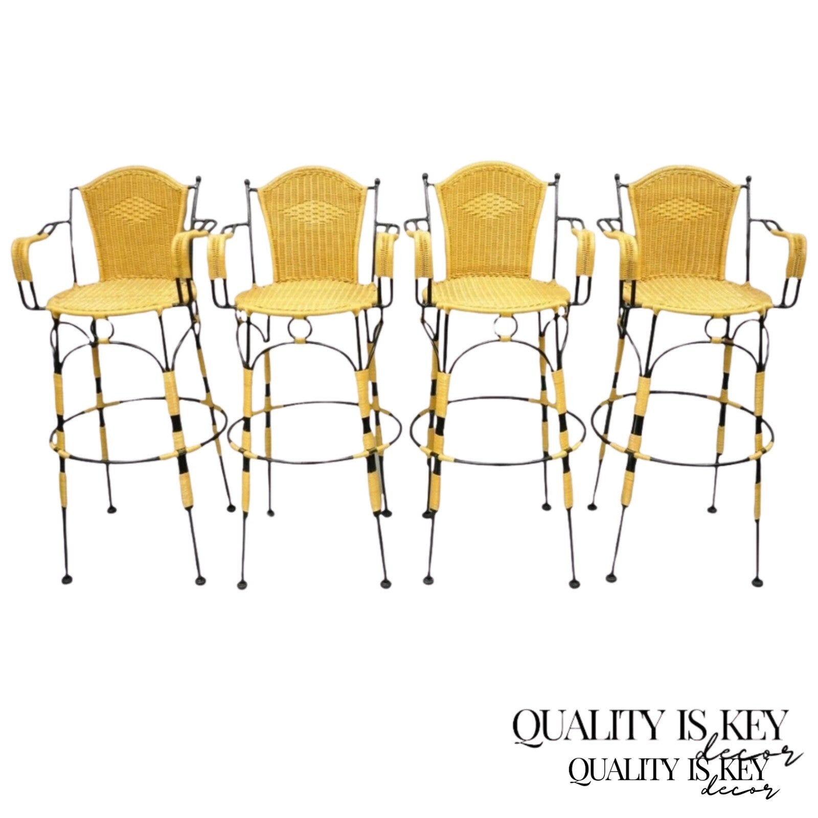 French Country Wrought Iron Woven Vinyl Rattan Bar Stools With Arms - Set of 4