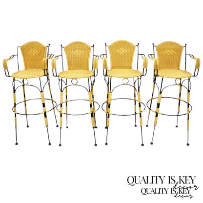 French Country Wrought Iron Woven Vinyl Rattan Bar Stools With Arms - Set of 4