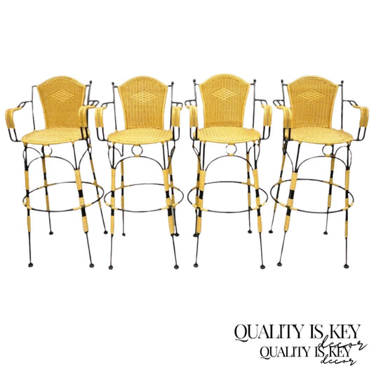 French Country Wrought Iron Woven Vinyl Rattan Bar Stools With Arms - Set of 4
