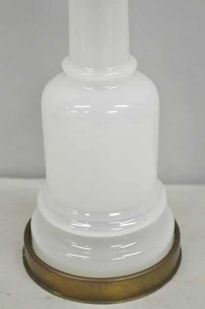 Vintage French Neoclassical White Opaline Glass Column Brass Mounted Table Lamp