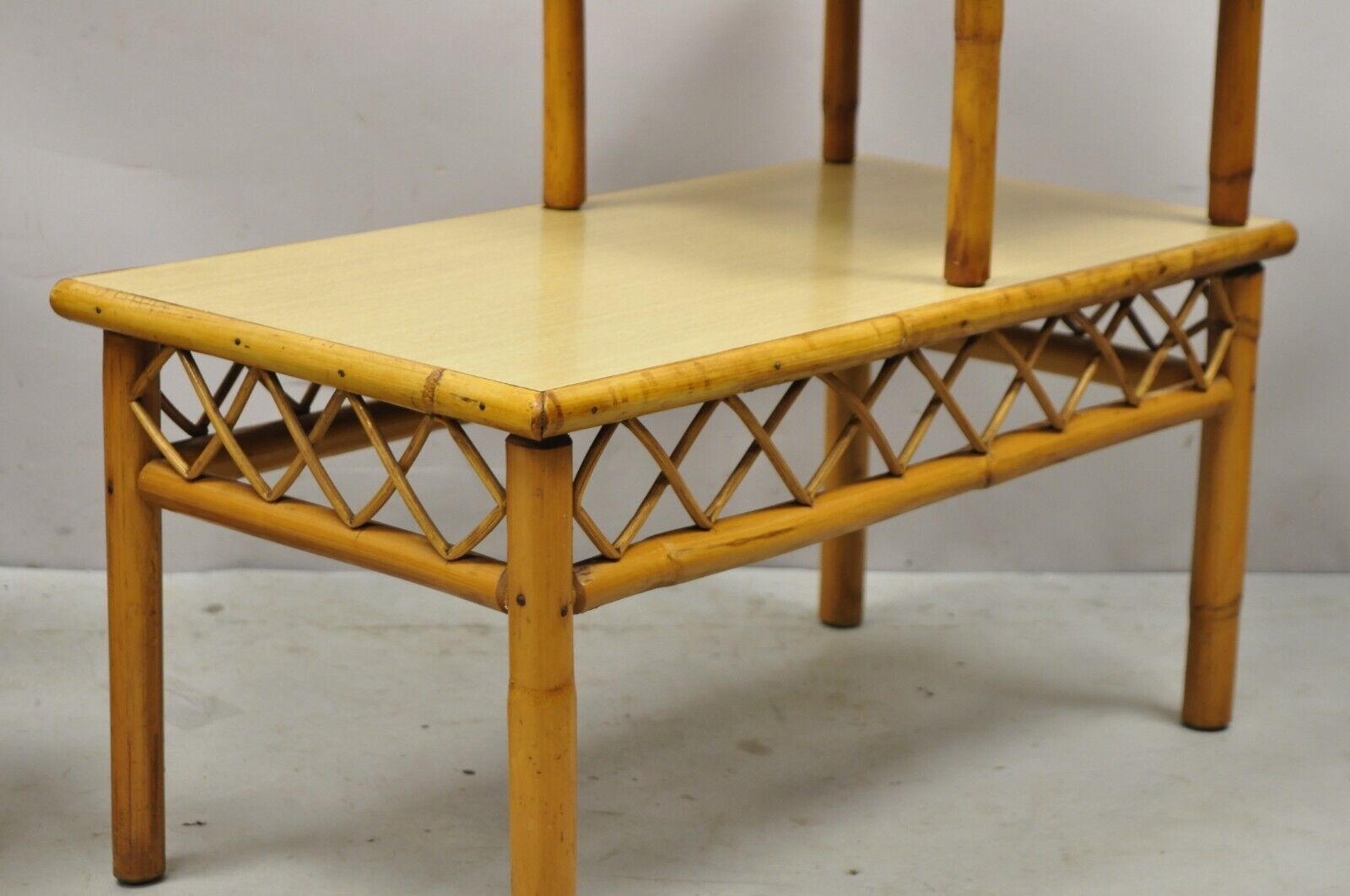 Vintage Tiki Rattan Mid Century Bamboo Step Up End Tables - a Pair