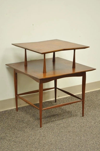 Vintage Mid Century Danish Modern Sculpted Walnut 2 Tier Side End Lamp Table