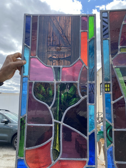 Vintage "Yo" & Door Art Deco Blue & Red Leaded Stained Glass Window 43x15 - 4 Pc