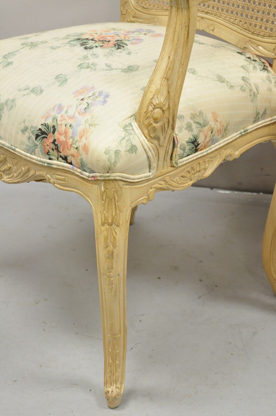 Vintage French Louis XV Provincial Style Cane Back Cream Dining Chairs- Set of 6