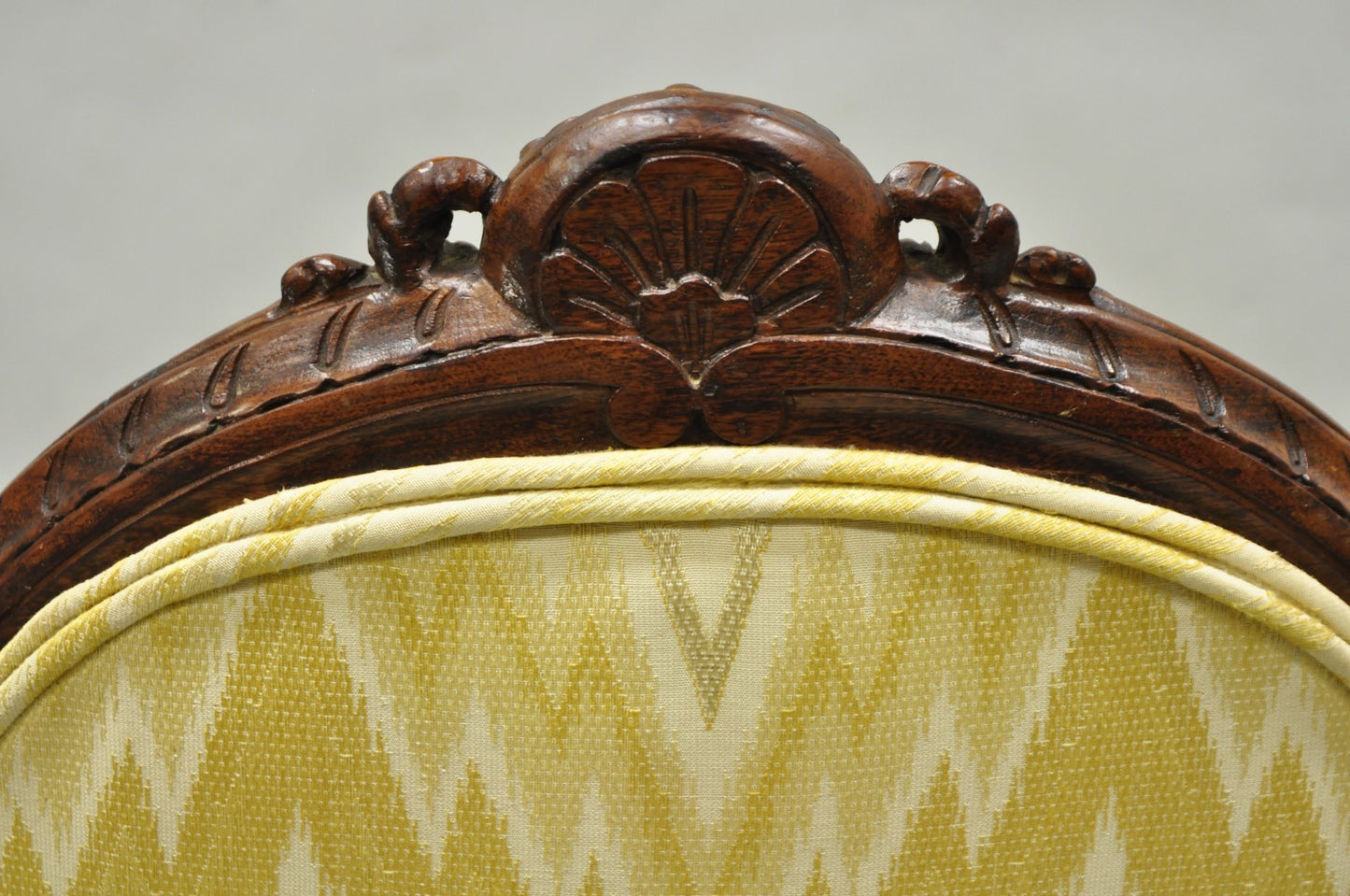 Antique French Louis XV Style Carved Walnut Yellow Fabric Boudoir Lounge Chair