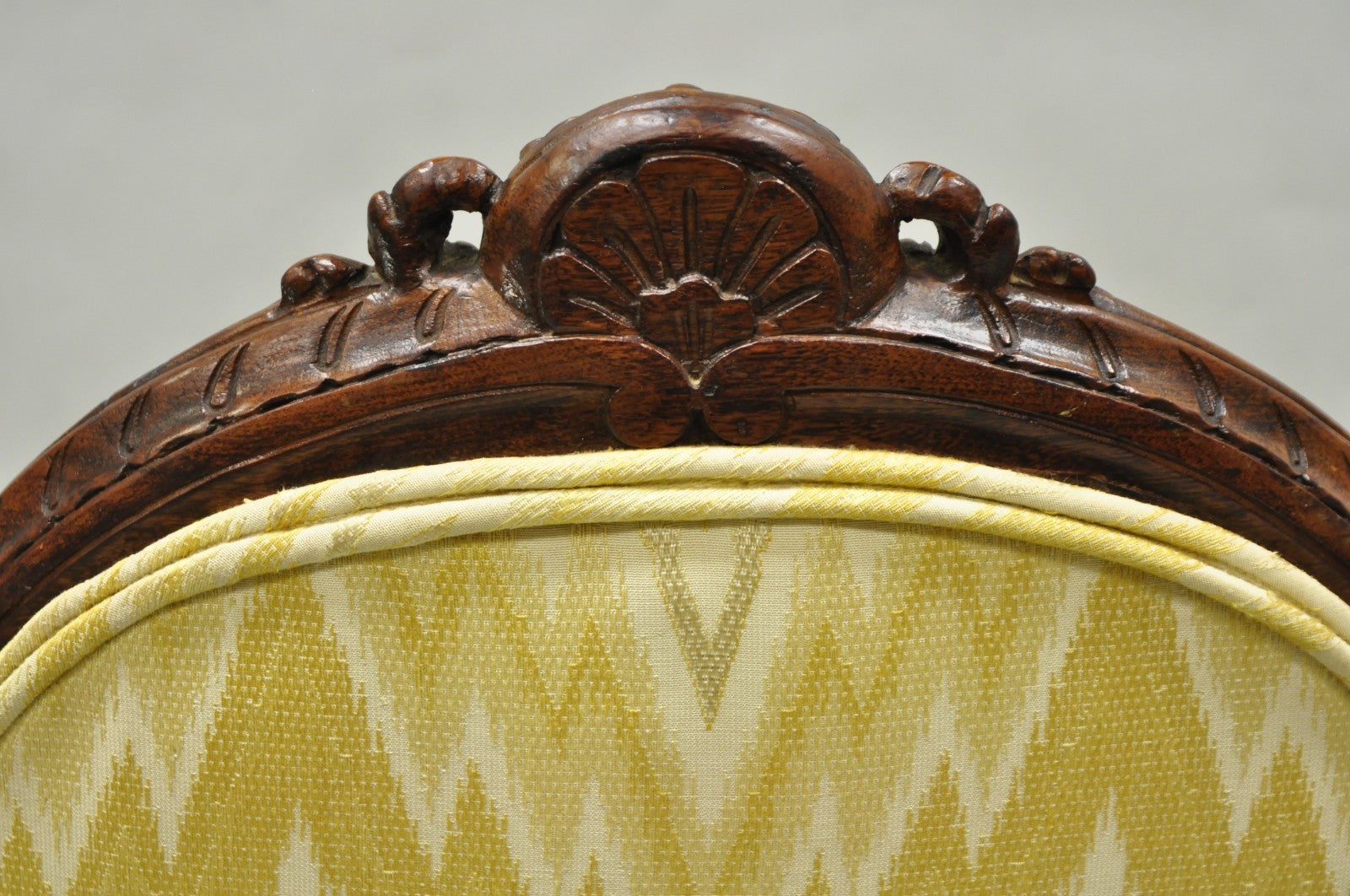 Antique French Louis XV Style Carved Walnut Yellow Fabric Boudoir Lounge Chair