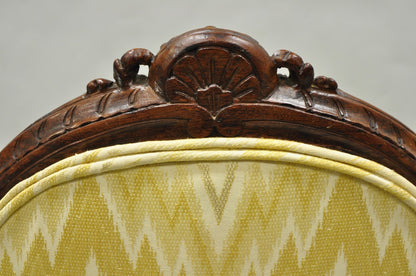 Antique French Louis XV Style Carved Walnut Yellow Fabric Boudoir Lounge Chair