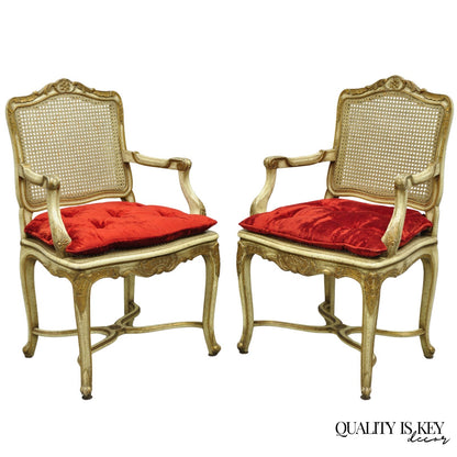 Vintage French Louis XV Style Cream Painted Carved Wood Cane Arm Chairs - a Pair