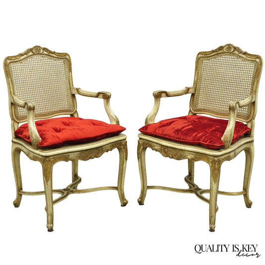 Vintage French Louis XV Style Cream Painted Carved Wood Cane Arm Chairs - a Pair