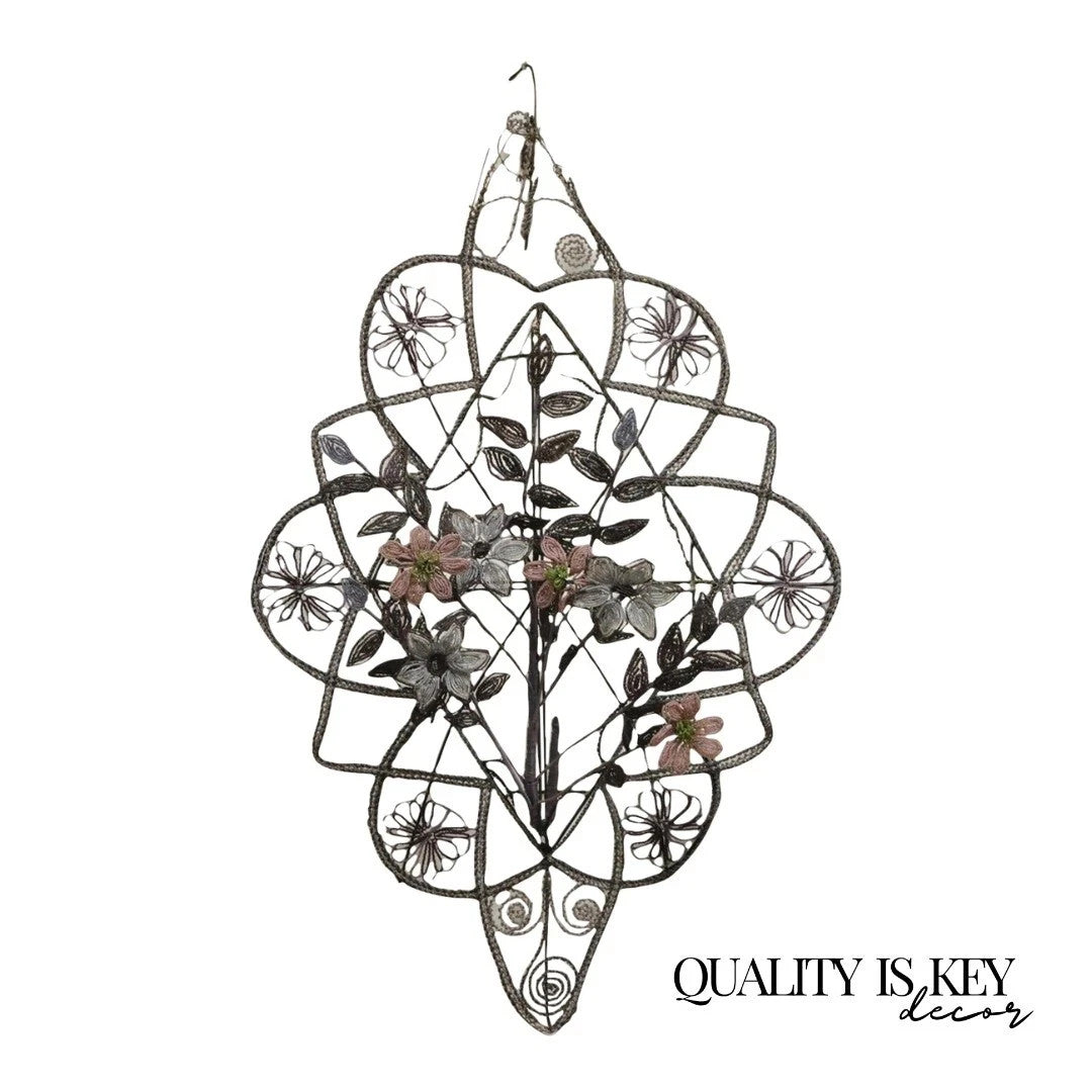 Antique French Victorian Purple Glass Beaded Memorial Wreath Wall Art Sculpture