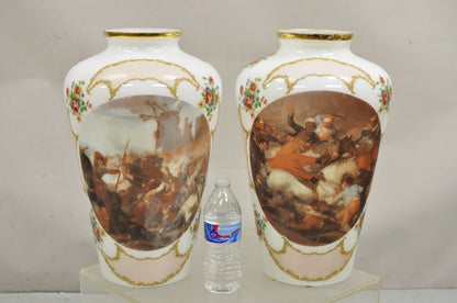 Vintage French Style Large White Blown Glass Transfer Scene Jar Vases - a Pair
