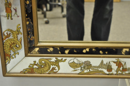 Vintage Chinoiserie Figural Eglomise Reverse Painted Oriental Wall Mirror
