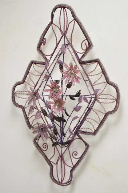 French Victorian Glass Beaded Purple Flower Casket Wreath Wall Art Sculpture (B)