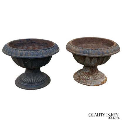 Antique French Empire Style Small 12" Cast Iron Urn Garden Planter Pots - Pair
