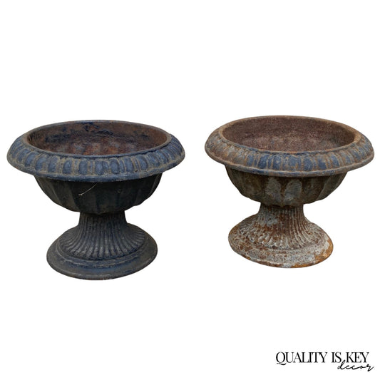 Antique French Empire Style Small 12" Cast Iron Urn Garden Planter Pots - Pair