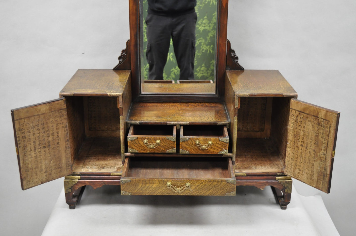 Antique Japanese Wood & Brass Small Low Kyodai Vanity Dressing Table with Mirror
