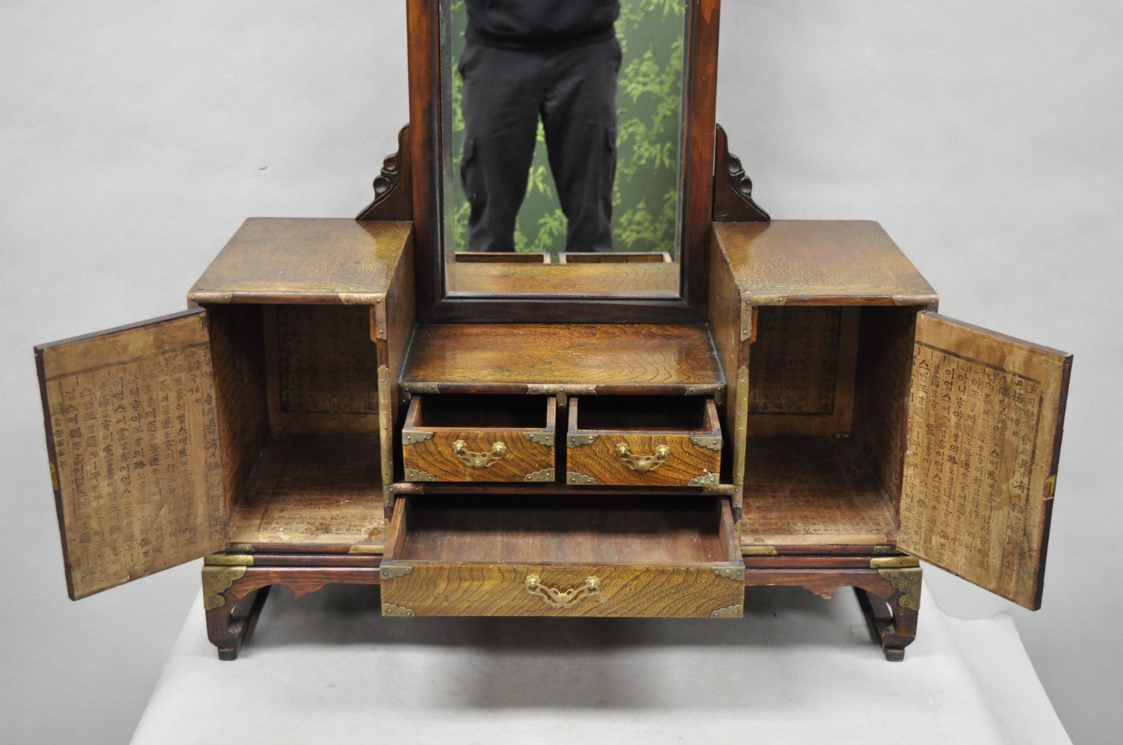 Antique Japanese Wood & Brass Small Low Kyodai Vanity Dressing Table with Mirror