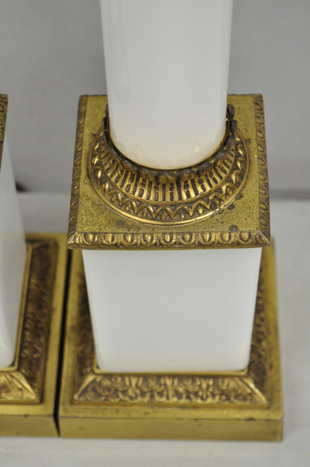 Vintage French Empire Neoclassical White Milk Glass Column Table Lamps - a Pair