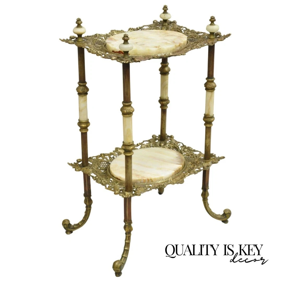 Antique French Victorian Bronze 2 Tier Onyx Stone Plant Stand Accent Side Table