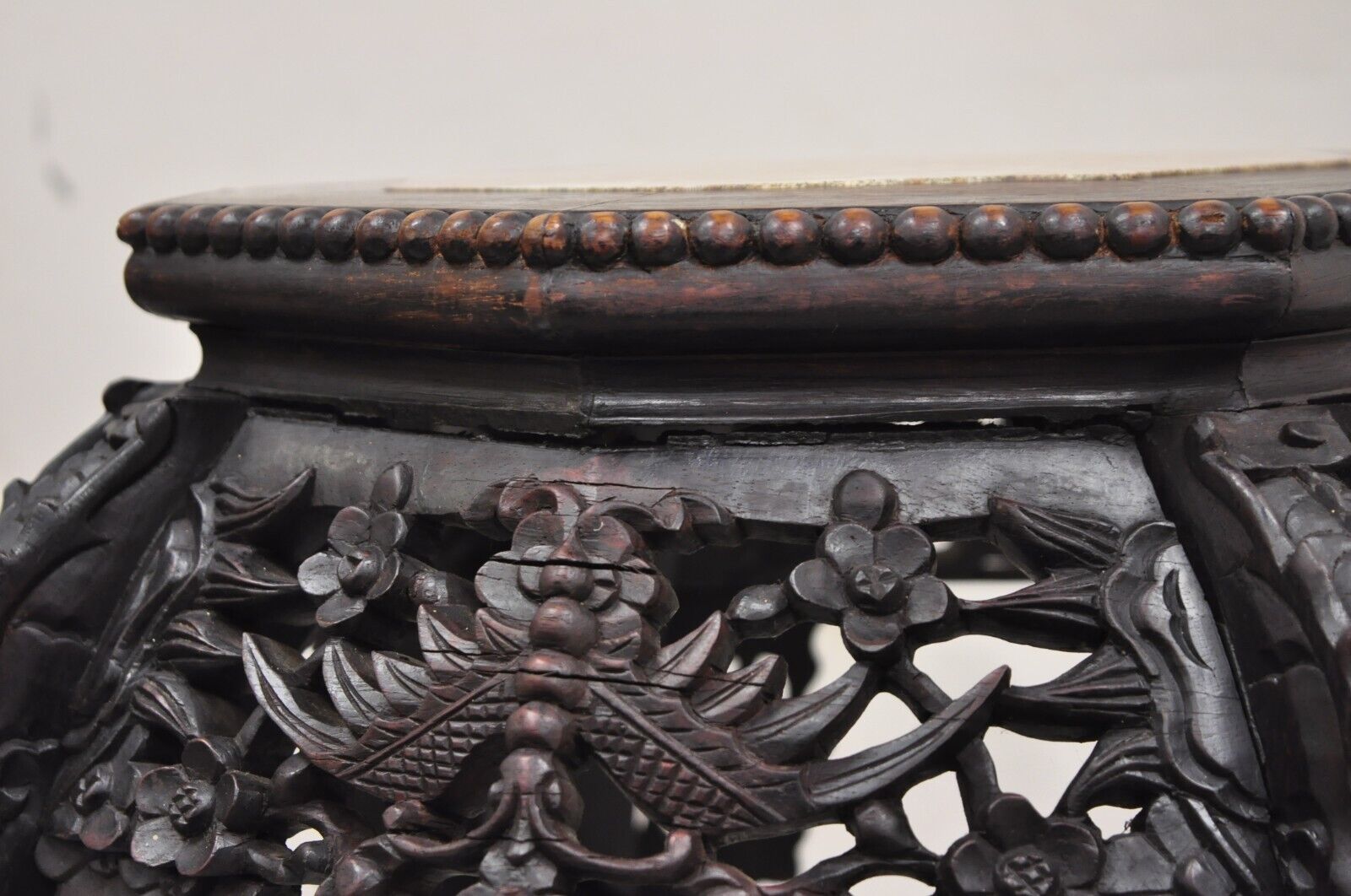 Antique Chinese Carved Hardwood Marble Top Oriental Plant Stand Side Table