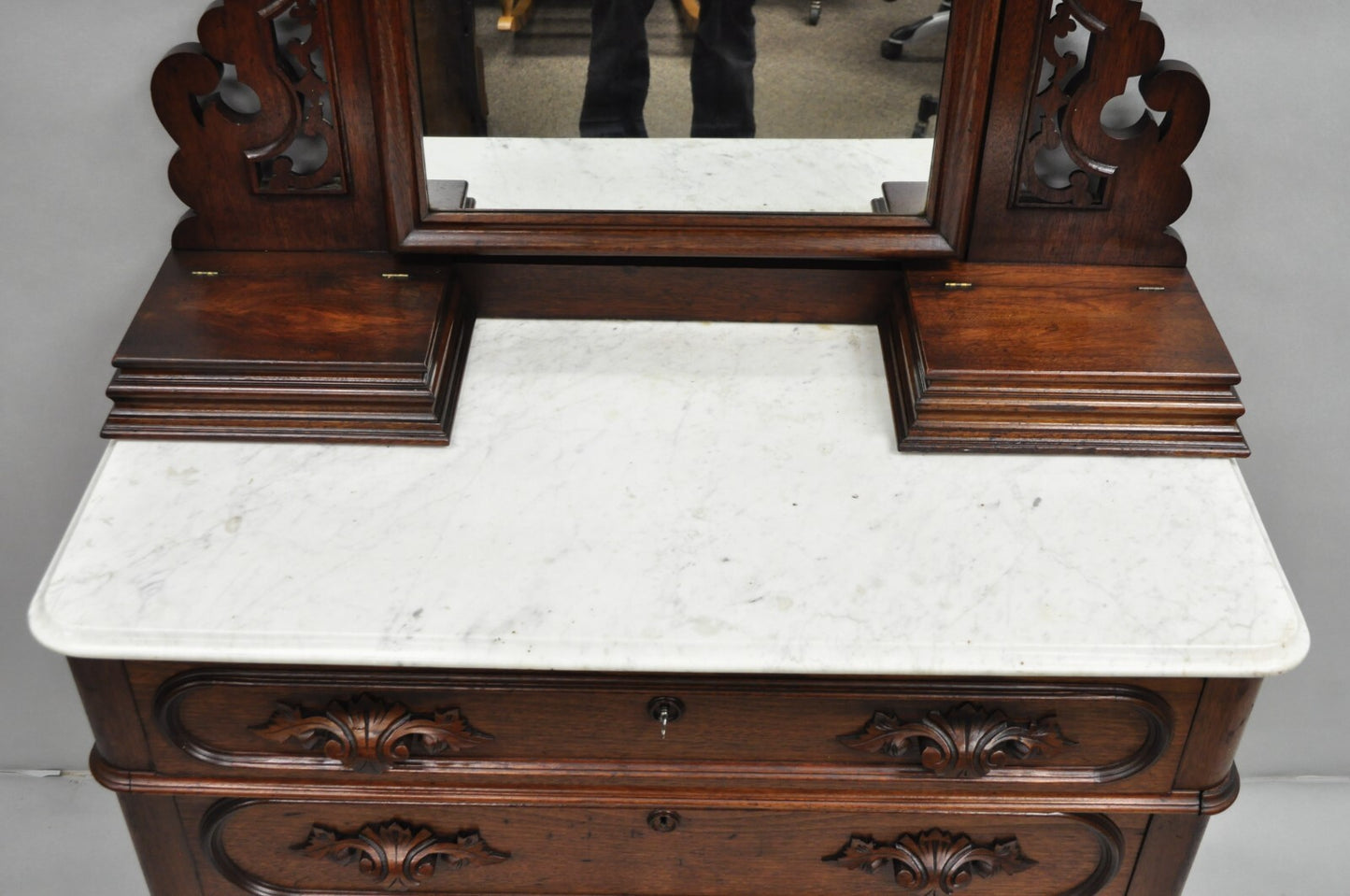 Antique Eastlake Victorian Carved Walnut Marble Washstand Dresser with Mirror