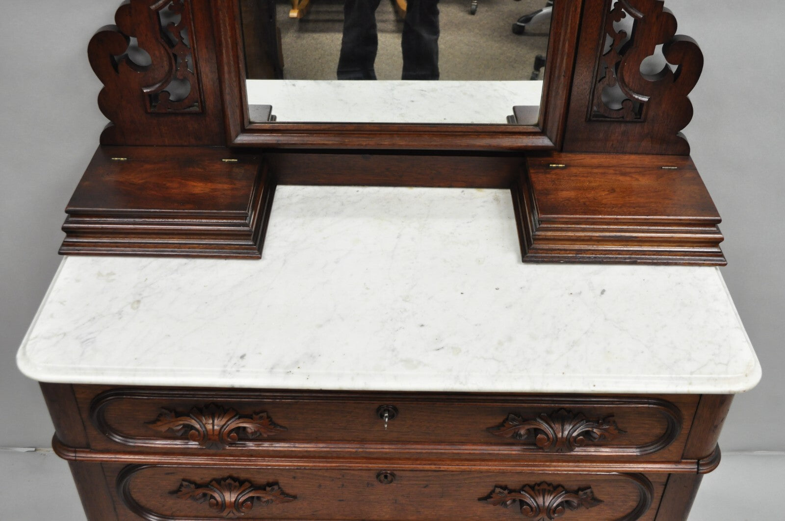 Antique Eastlake Victorian Carved Walnut Marble Washstand Dresser with Mirror
