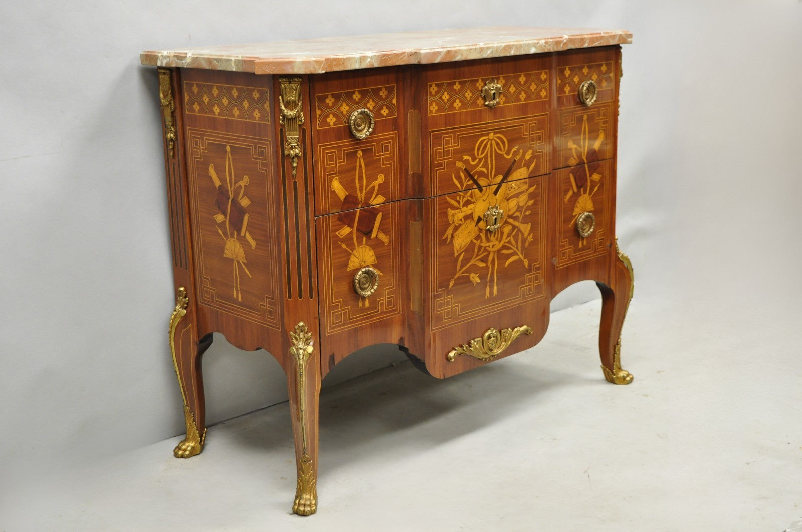 Vintage French Louis XV Style Marquetry Inlay Marble Top Commode Dresser Chest