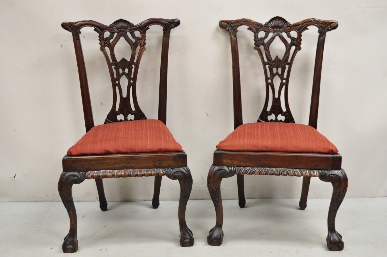 Chippendale Style Mahogany Carved Ball and Claw Dining Side Chairs - a Pair