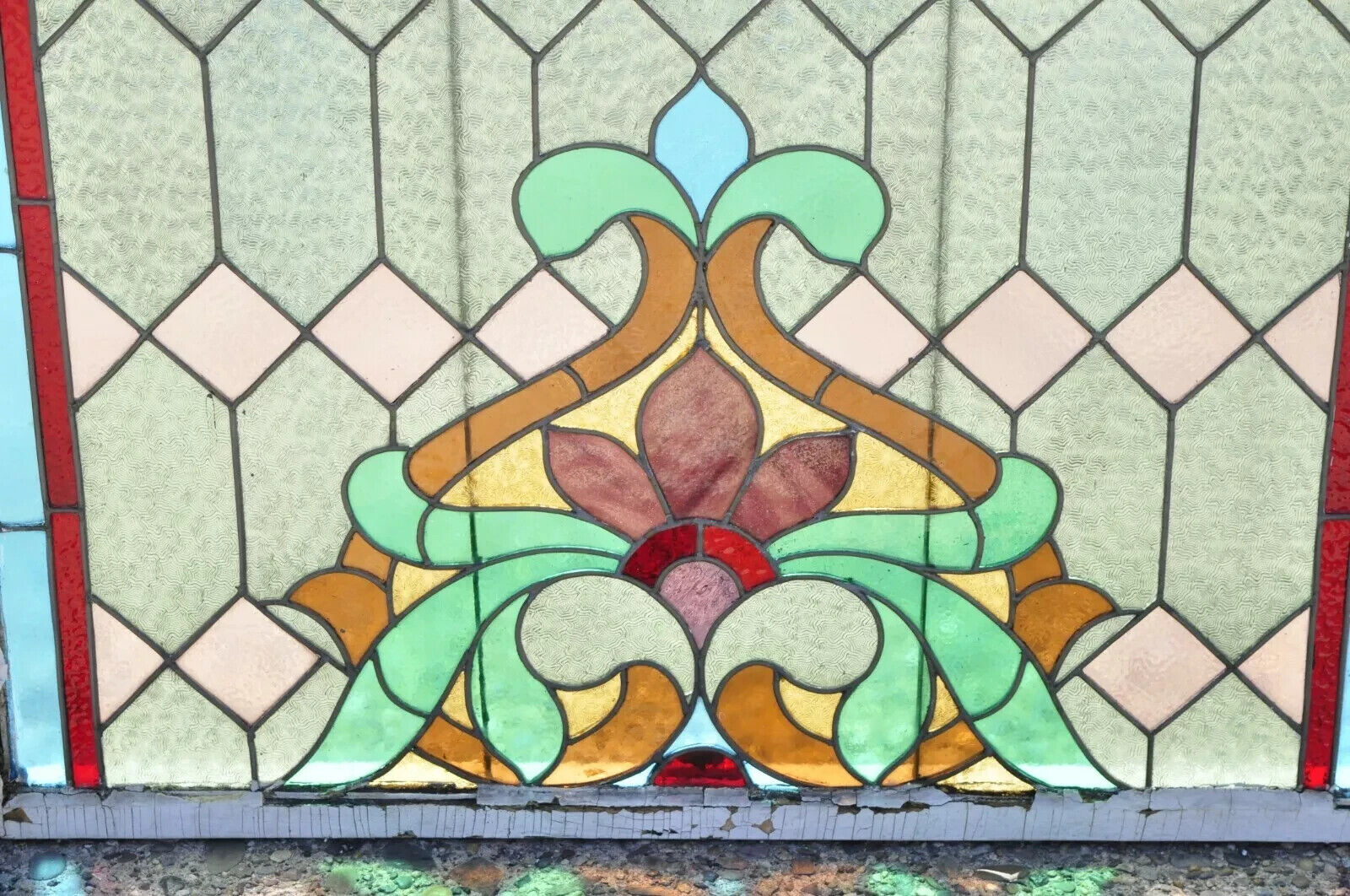 Antique Art Nouveau Stained Glass Blue Green Orange Fleur De Lis 34x40 Window