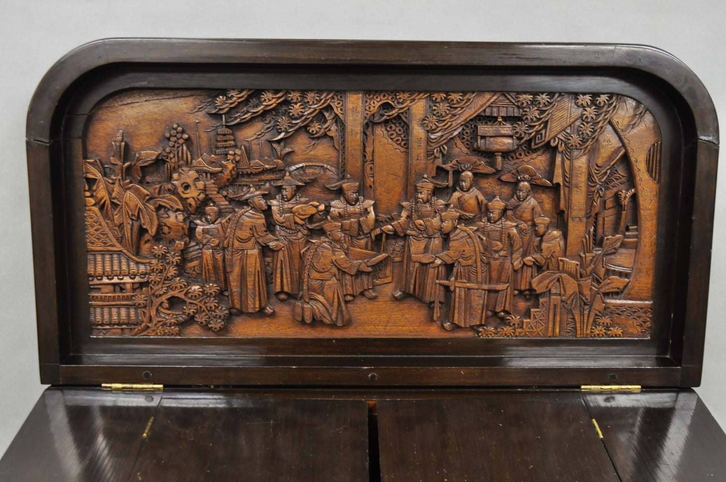 Vintage J L George Zee Chinese Figural Carved Teak Wood Flip Top Dry Bar Cabinet