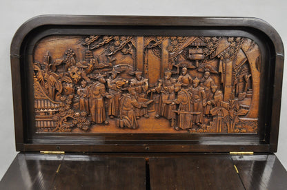 Vintage J L George Zee Chinese Figural Carved Teak Wood Flip Top Dry Bar Cabinet