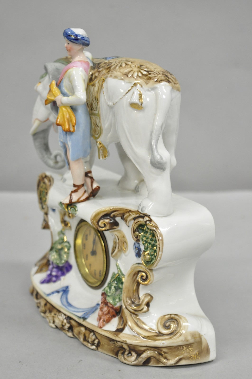 Vintage Roman Classical German Porcelain Figural Elephant & Soldier Mantel Clock