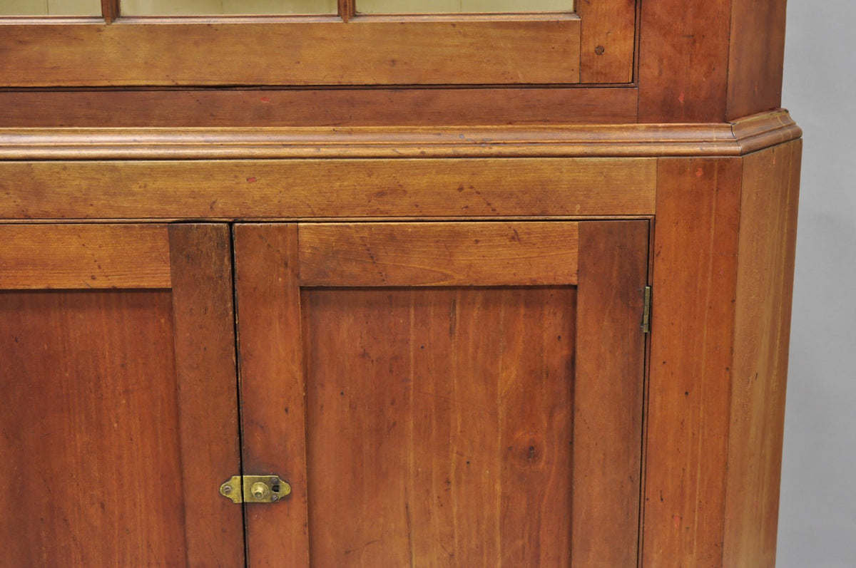 Antique Colonial Primitive Cherry Wood Glass Front Corner China Cabinet Cupboard