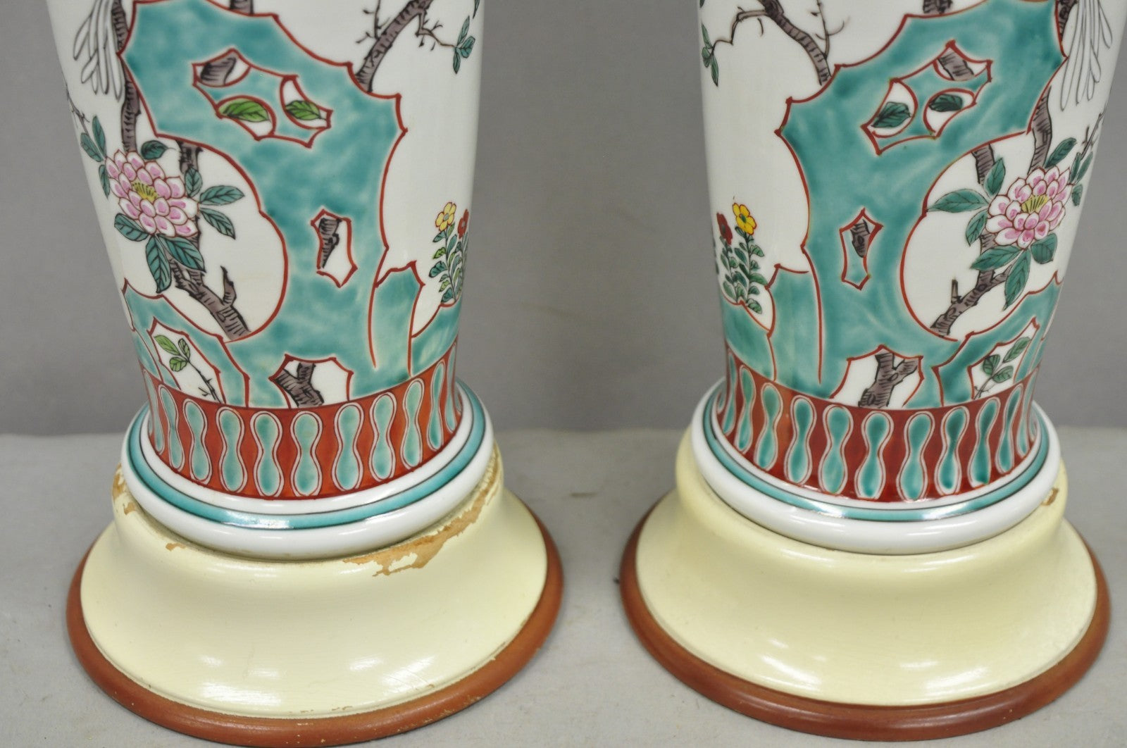 Vintage Chinoiserie Chinese Porcelain Jardinière Vase Flower Table Lamps - Pair