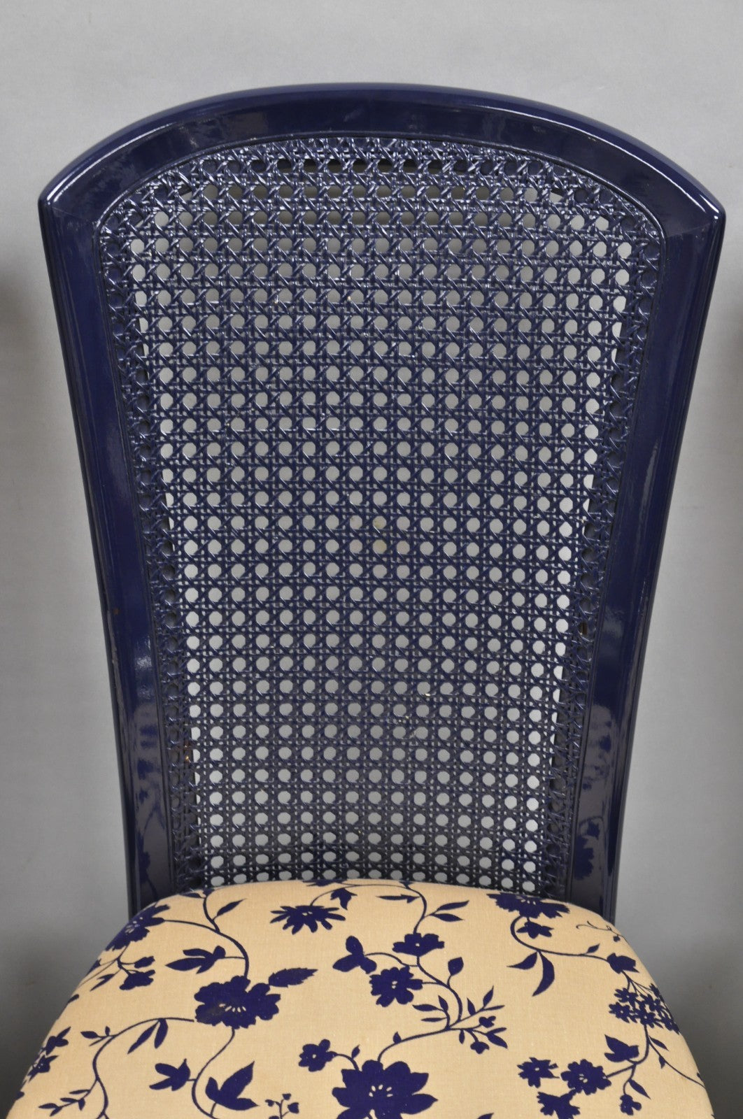 Vintage Italian Hollywood Regency Navy Blue Lacquer Cane Dining Chair - Set of 4
