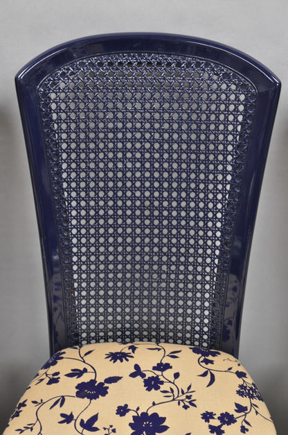 Vintage Italian Hollywood Regency Navy Blue Lacquer Cane Dining Chair - Set of 4