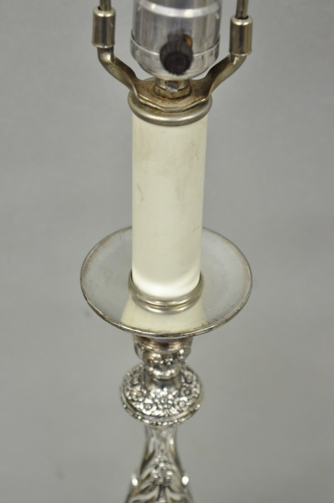 International Victorian Silver Plate Floral Repousse Candlestick Table Lamp Pair
