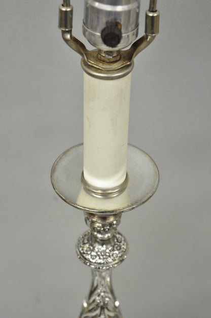 International Victorian Silver Plate Floral Repousse Candlestick Table Lamp Pair