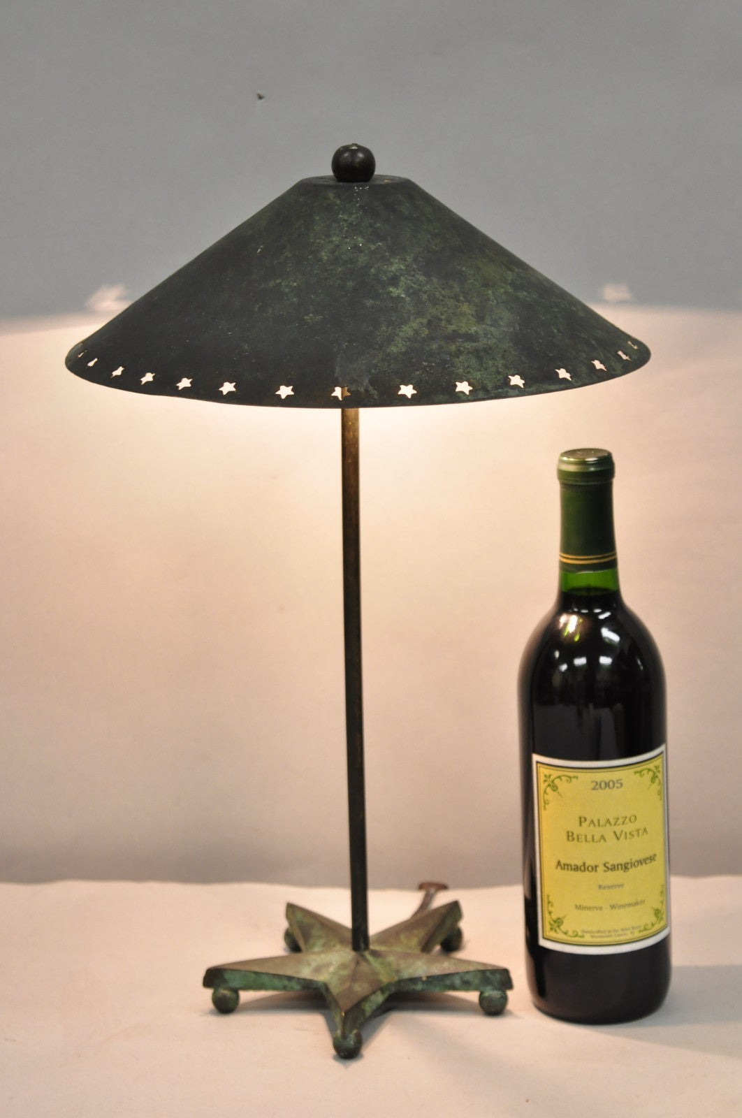 Brutalist Mid Century Modern Verdigris Green Bronze Star Cutout Small Table Lamp