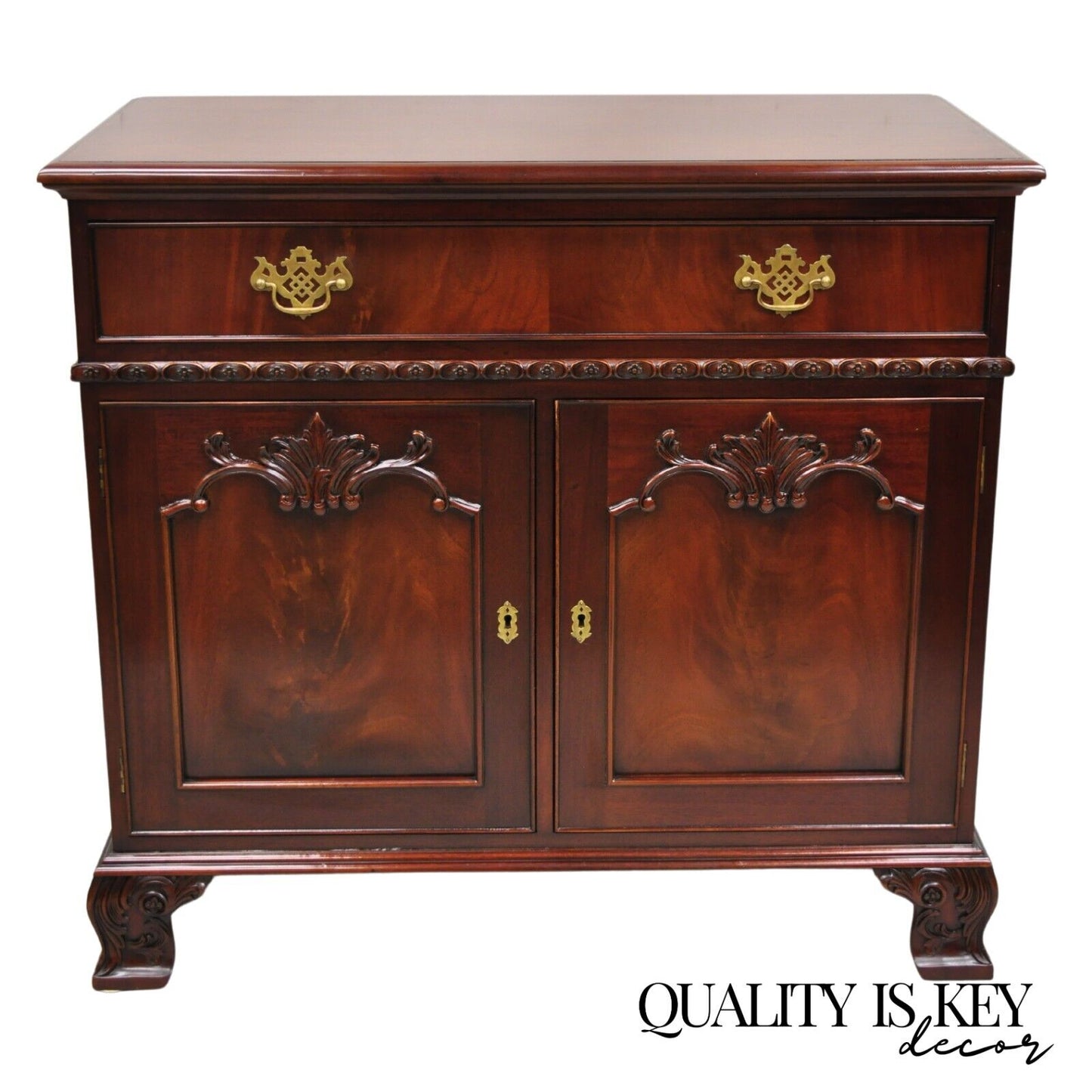 Georgian Chippendale Style Carved Mahogany One Drawer Server Cabinet Buffet