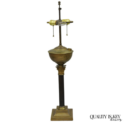 Antique French Empire Brass Converted Oil Lamp Mahogany Wood Column Table Lamp