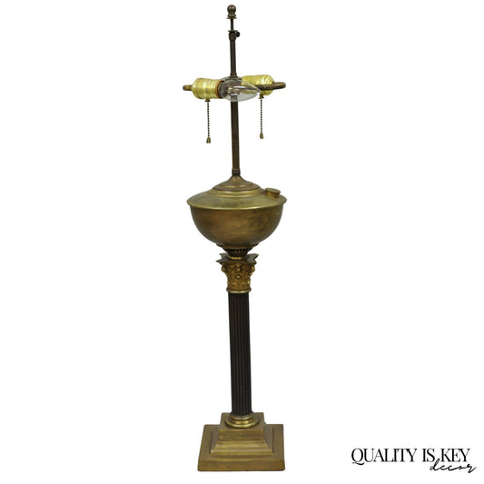 Antique French Empire Brass Converted Oil Lamp Mahogany Wood Column Table Lamp