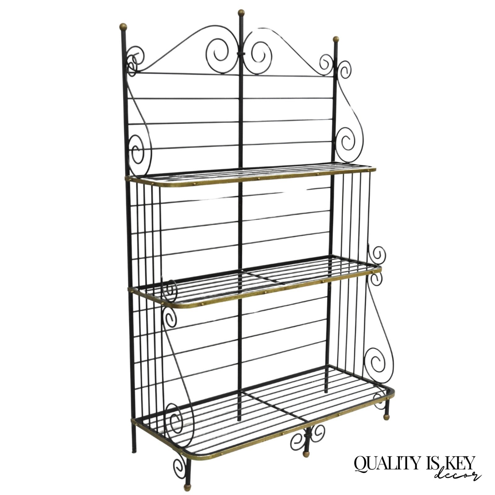 Vintage French Bakers Rack 3 Tier Scrolling Wrought Iron and Brass Etagere