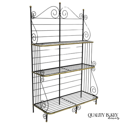 Vintage French Bakers Rack 3 Tier Scrolling Wrought Iron and Brass Etagere