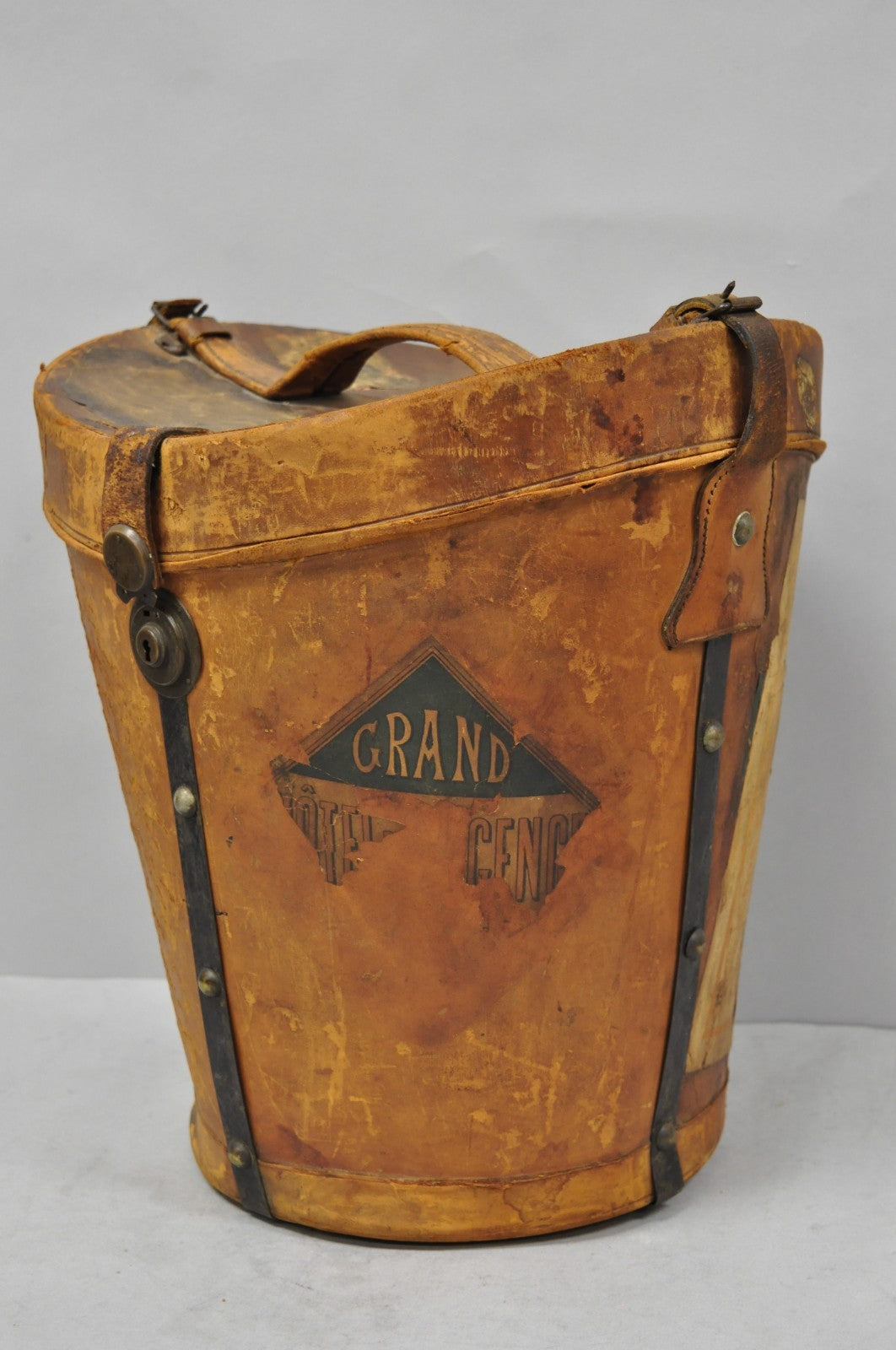 English Art Deco Brown Leather Travel Case Suitcase w/ Stickers & Beaver Top Hat