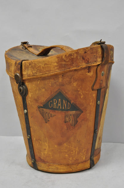 English Art Deco Brown Leather Travel Case Suitcase w/ Stickers & Beaver Top Hat
