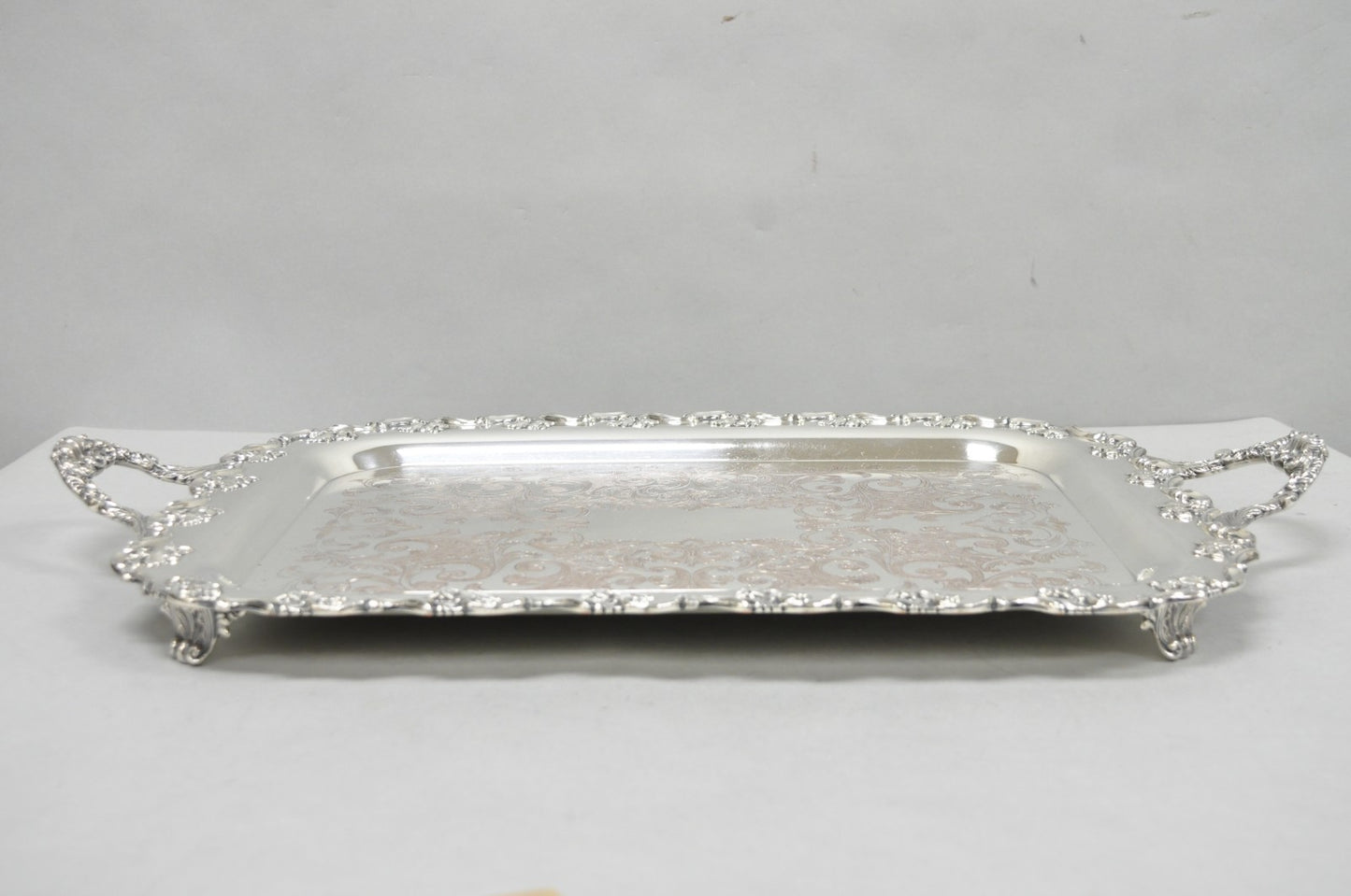 Vintage English Victorian Silver Plated Ornate Footed Serving Platter Bar Tray
