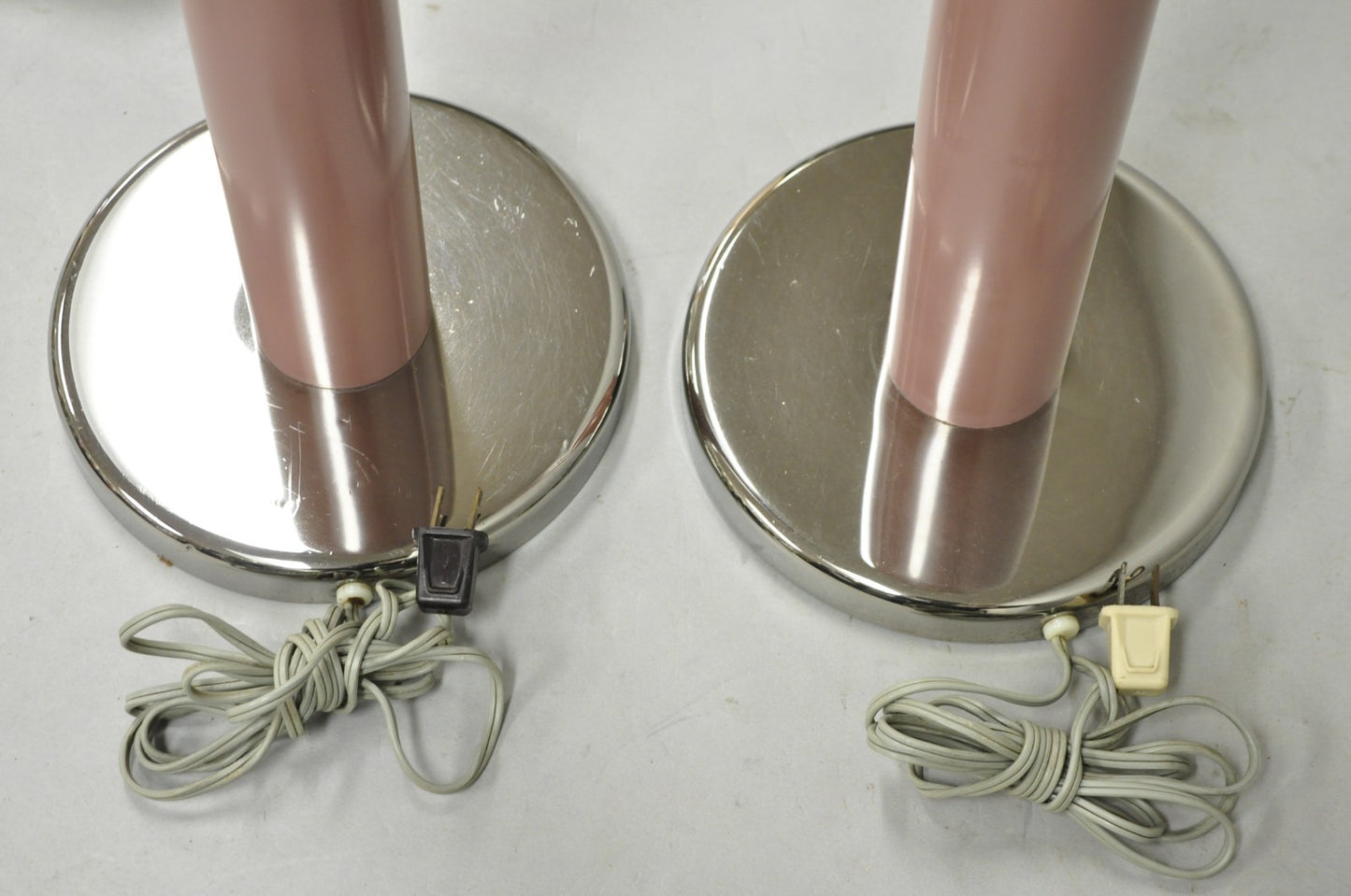 Mid Century Modern Bubble Gum Pink Cylinder Column Chrome Table Lamp - a Pair