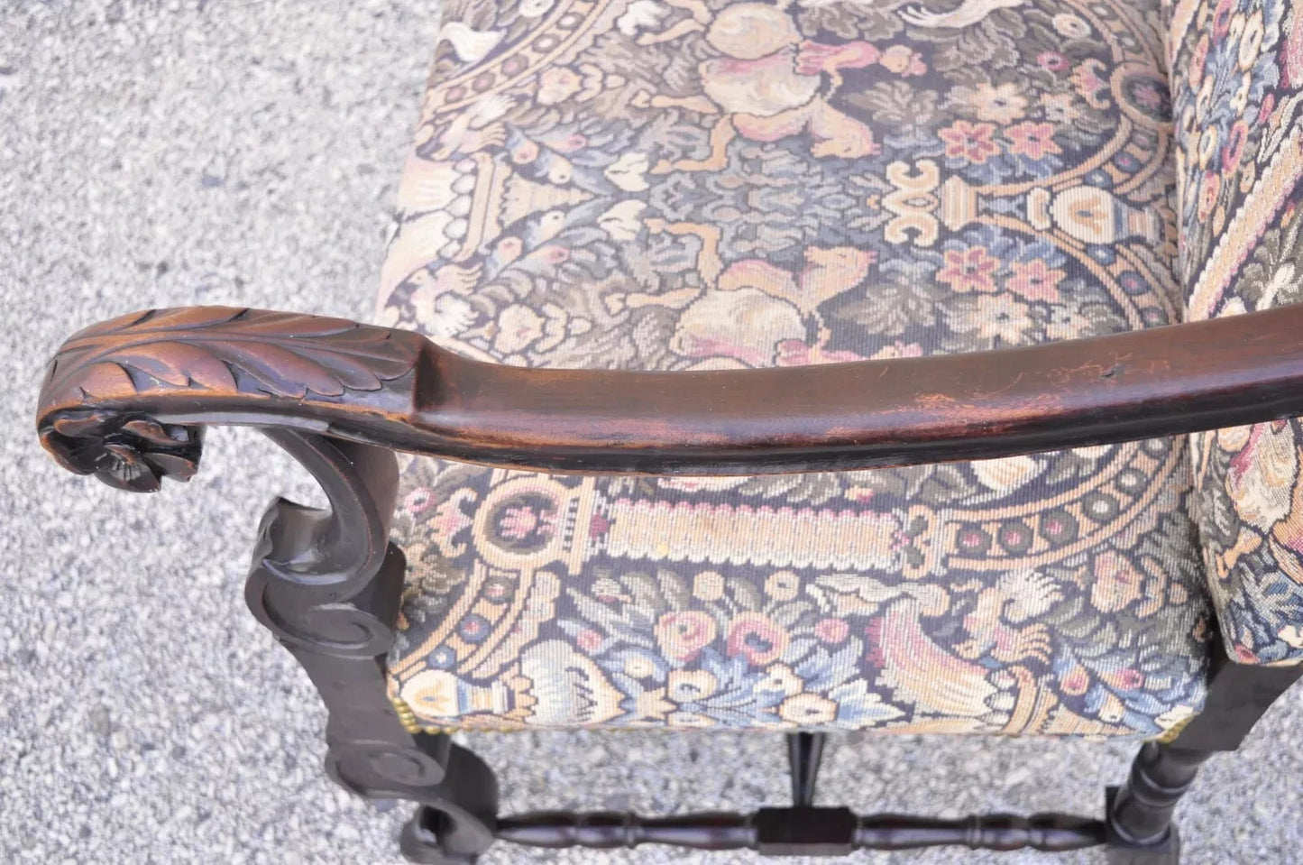 Antique Italian Renaissance Baroque Tapestry Carved Walnut Throne Arm Chair